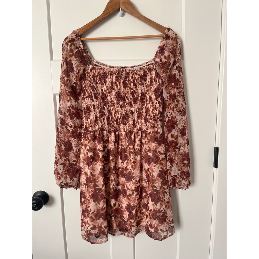 Trixxi Clothing Co Womens Floral Smocked Top Burgundy Rose Long Sleeve S